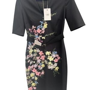 Ted Baker London Black Floral Midi Dress with Belt